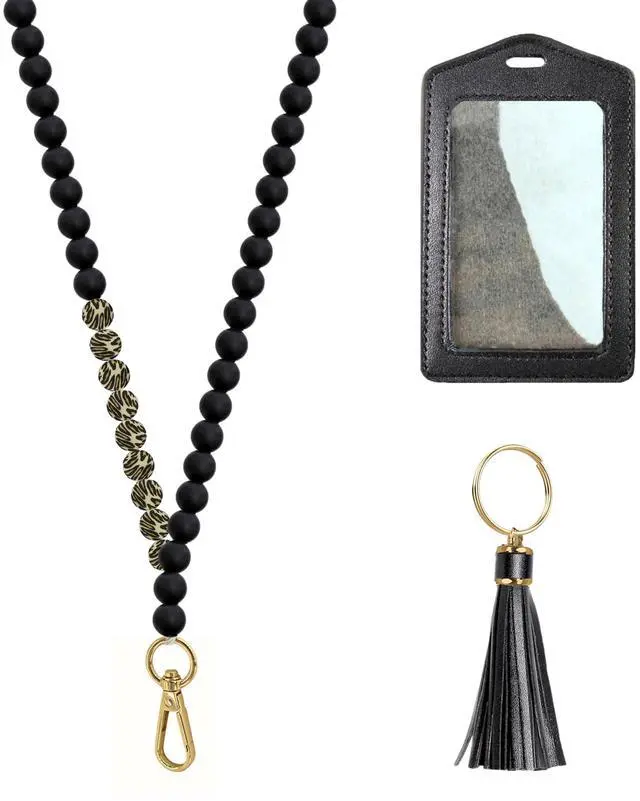 Main image of Soft Black Silicone Lanyards for ID Badges for Women Cute Breakaway Teacher Lanyard with ID Holder for Women Silicone Bead Lanyard