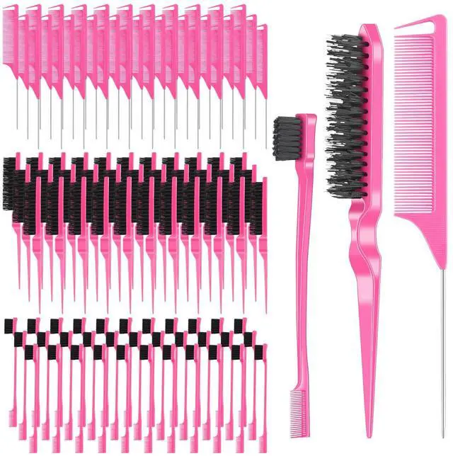 Main image of 102 Piece Edge Brush Bulk Set with 34pcs Teasing Brushes, 34pcs Rat Tail Combs, and 34pcs Edge Brushes for Women and Girls - Pink