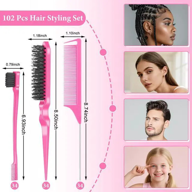 Alt view image 2 of 7 - 102 Piece Edge Brush Bulk Set with 34pcs Teasing Brushes, 34pcs Rat Tail Combs, and 34pcs Edge Brushes for Women and Girls - Pink