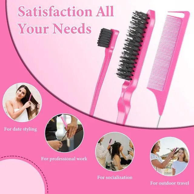 Alt view image 6 of 7 - 102 Piece Edge Brush Bulk Set with 34pcs Teasing Brushes, 34pcs Rat Tail Combs, and 34pcs Edge Brushes for Women and Girls - Pink
