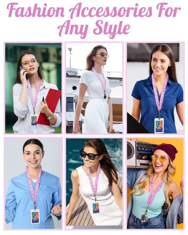 Alt view image 7 of 7 - Pink Scrunchie Teacher Lanyard for ID Badge, Stretchy Neck Key Lanyards for Women Men, Long Lanyard for Back to School Gift