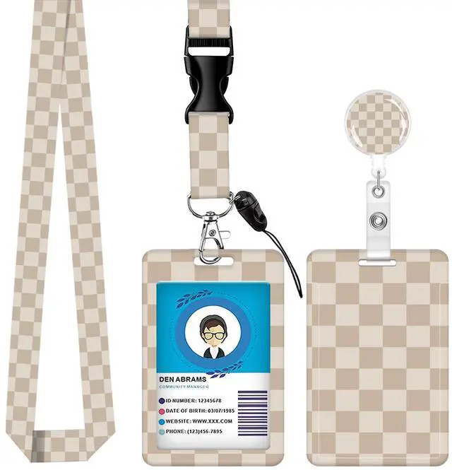 Main image of Lanyards for ID Badge Holder for Women Cute, Teacher Lanyard with ID Holder Clip,Retractable Keychain Badge Reel Heavy Duty, Teacher Nurse Work Office Gifts (Beige Checkered)
