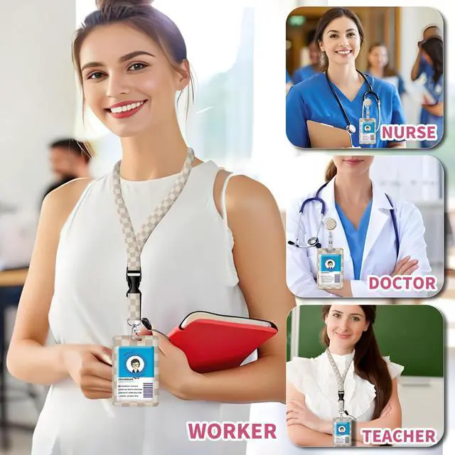 Alt view image 2 of 7 - Lanyards for ID Badge Holder for Women Cute, Teacher Lanyard with ID Holder Clip,Retractable Keychain Badge Reel Heavy Duty, Teacher Nurse Work Office Gifts (Beige Checkered)