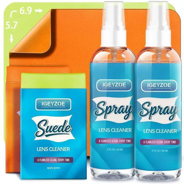 Main image of Eyeglass Lens Cleaner Spray Kit - (2x2oz) Glasses Cleaner Bottle + (4X) Microfiber Cloth 6.9"×5.7", Alcohol Free Eyeglasses, Screen, and Camera Cleaning Kit (Tangerine+Apple Green, 6 Piece Set)