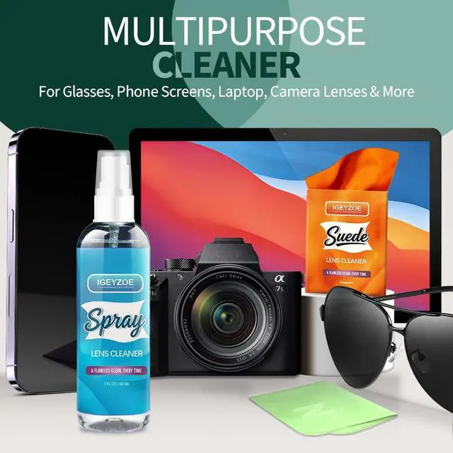 Alt view image 6 of 7 - Eyeglass Lens Cleaner Spray Kit - (2x2oz) Glasses Cleaner Bottle + (4X) Microfiber Cloth 6.9"×5.7", Alcohol Free Eyeglasses, Screen, and Camera Cleaning Kit (Tangerine+Apple Green, 6 Piece Set)