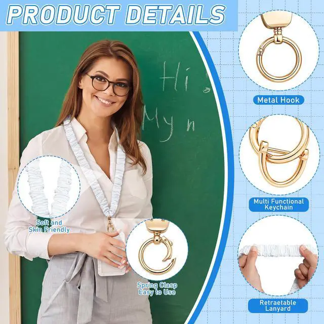 Alt view image 3 of 6 - Scrunchie Teacher Lanyards with ID Badge Holder Notebook Retractable Stretchy Lanyards with ID Badges Breakaway Wristlet Keychain Key Rings Set for Back to School Gift