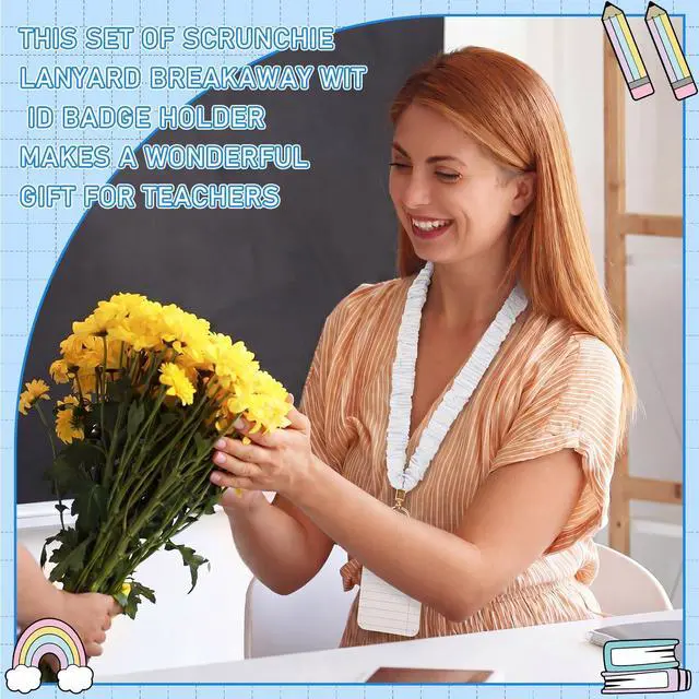 Alt view image 5 of 6 - Scrunchie Teacher Lanyards with ID Badge Holder Notebook Retractable Stretchy Lanyards with ID Badges Breakaway Wristlet Keychain Key Rings Set for Back to School Gift