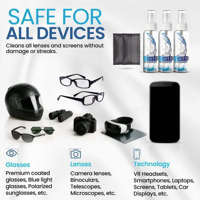 Alt view image 3 of 7 - Purity Eyeglass Lens Cleaner Kit - 3 x 1oz Travel Size Lens Cleaner Spray Bottle + 2 Microfiber Cleaning Cloths - Safe for All Lenses (AR Coated Included), Eyeglasses and Screens - Clear