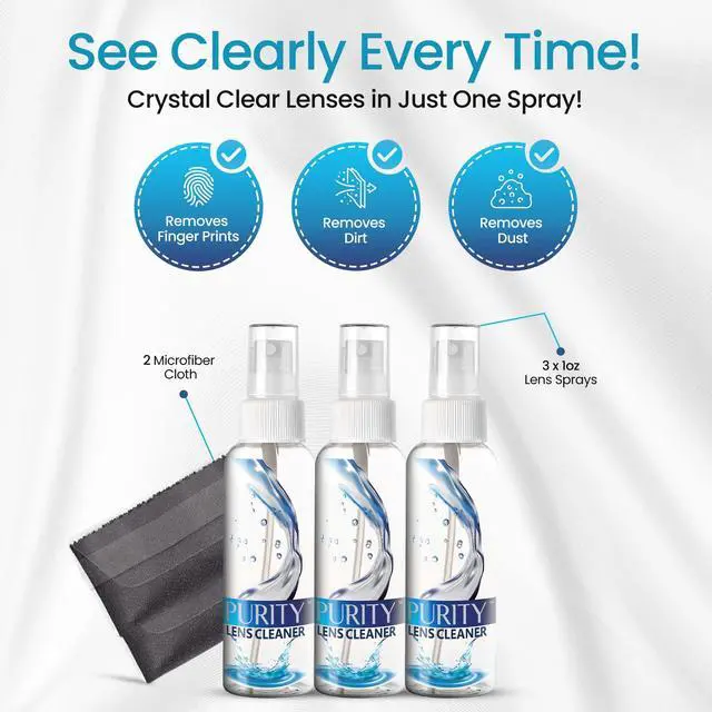 Alt view image 6 of 7 - Purity Eyeglass Lens Cleaner Kit - 3 x 1oz Travel Size Lens Cleaner Spray Bottle + 2 Microfiber Cleaning Cloths - Safe for All Lenses (AR Coated Included), Eyeglasses and Screens - Clear