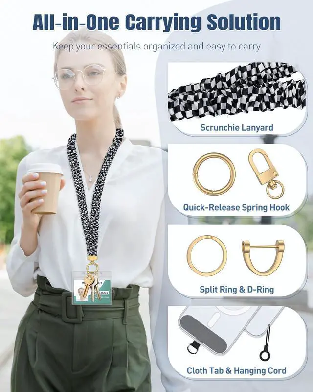 Alt view image 4 of 7 - Scrunchie Lanyard, Cute Lanyards for ID Badges, Teacher Lanyard with ID Holder, Stretchy Lanyards for Teachers & Women, Lanyards for Keys, Black & White Checkered Keychain Lanyard
