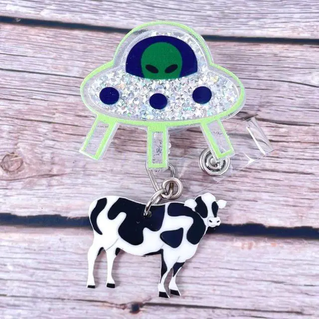 Alt view image 6 of 6 - Cute UFO Cow Badge Reel Holder Retractable with ID Clip for Nurse Nursing Name Tag Card Funny Accessories with Alligator Clip Medical Assistant Office Student Work Hospital