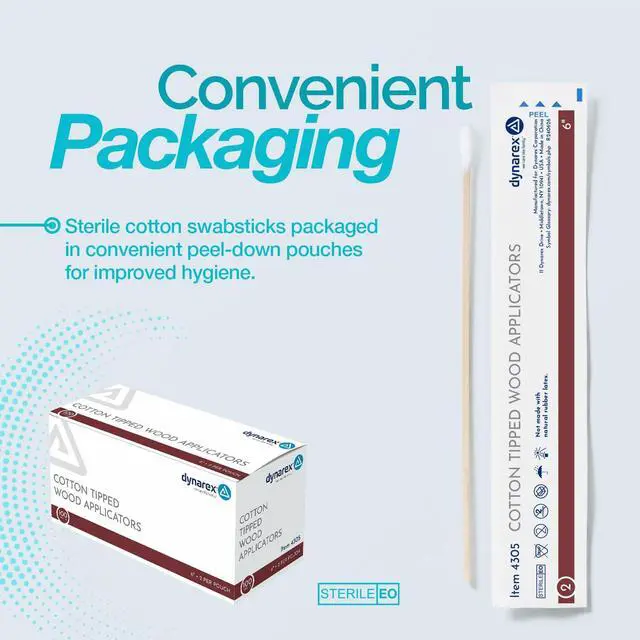 Alt view image 3 of 7 - Cotton Tipped Wood Applicators - 6" - Sterile - Medical Swabs for Wound Care, Cleaning, Crafts - 100 Pouches per Box, 2 Applicators per Pouch