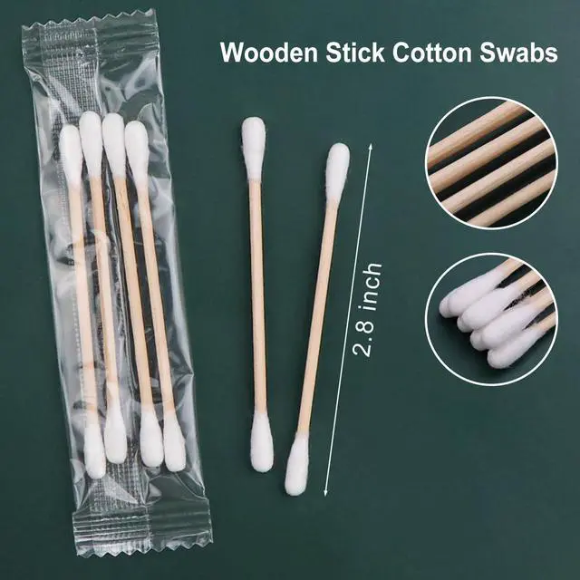 Alt view image 2 of 6 - 100 Pack Cotton Swabs, Individually Wrapped Cotton Swab, Individually Wrapped Double Tipped Wooden Sticks for Ear, Make-up(4pcs per Bag, 100 Bags, Double Round End)
