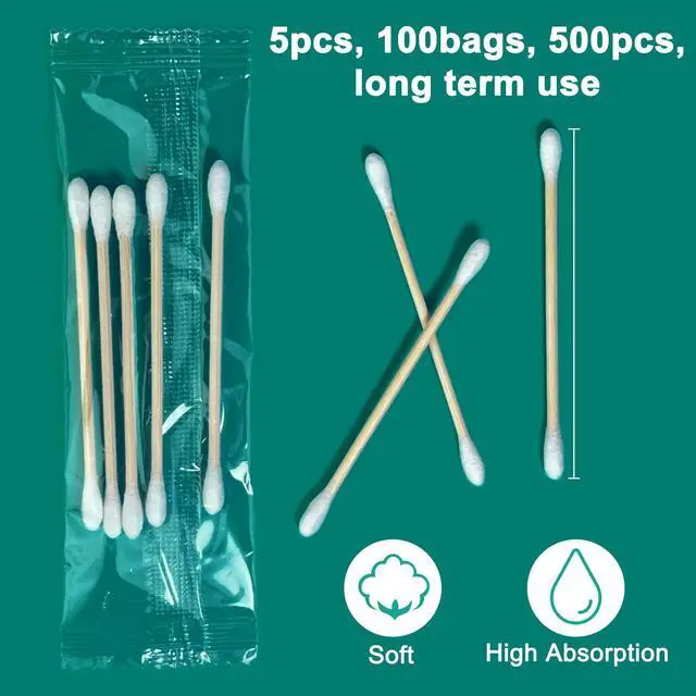 Alt view image 2 of 7 - Travel Cotton Swabs, Individually Wrapped, 500 Count Bulk, Sterile Double Round Tip Soft Cotton Buds with Durable Bamboo Sticks for Ear Cleaning, Hygiene, Beauty & Makeup, Pet Care