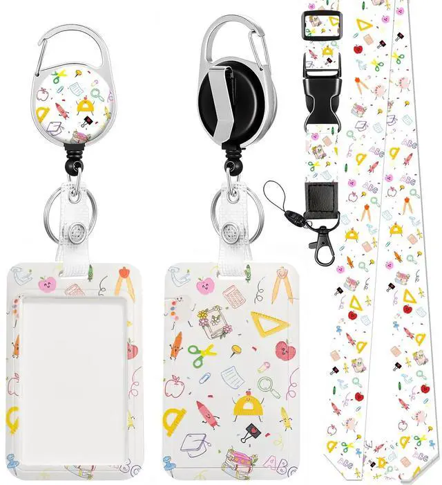 Main image of Teacher Lanyards for Id Badges Ajustable Design, Cute Retractable Badge Reel with Carabiner Clip, Fashionable ID Badge Holder with Breakaway Lanyard for Student Women Nurse Doctor Back to School Gifts