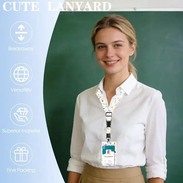Alt view image 2 of 7 - Teacher Lanyards for Id Badges Ajustable Design, Cute Retractable Badge Reel with Carabiner Clip, Fashionable ID Badge Holder with Breakaway Lanyard for Student Women Nurse Doctor Back to School Gifts
