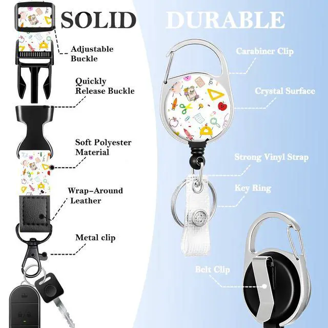 Alt view image 3 of 7 - Teacher Lanyards for Id Badges Ajustable Design, Cute Retractable Badge Reel with Carabiner Clip, Fashionable ID Badge Holder with Breakaway Lanyard for Student Women Nurse Doctor Back to School Gifts