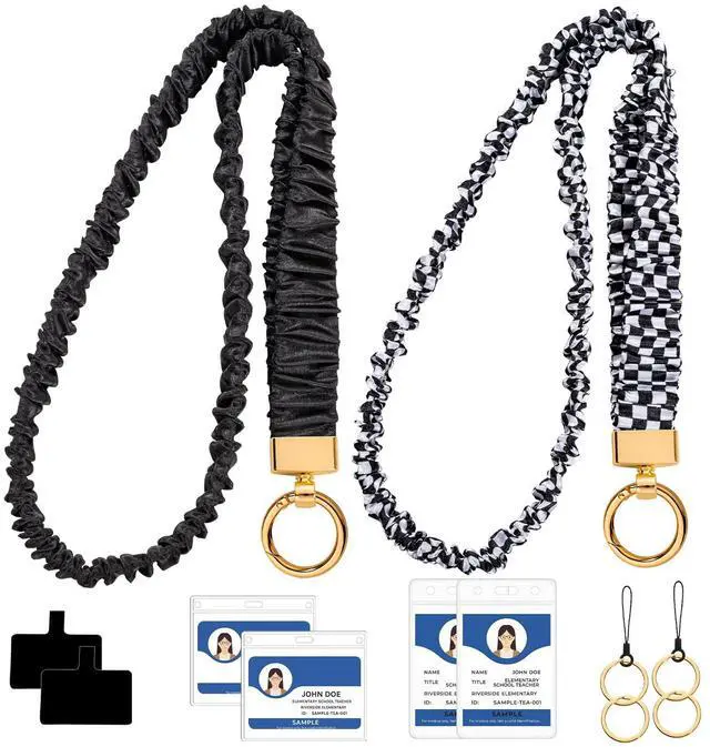 Main image of 2 Sets Stretchy Scrunchie Lanyards Teacher, Cute Black Lanyards for ID Badges with Phone Lanyard & Keychain for Teachers, Nurses, Office & School