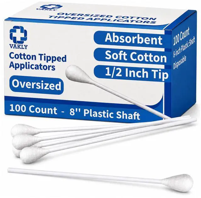 Main image of Oversized Cotton Tipped Applicators 8" (100 Pack) Large 1/2" Swab Extra Long Cotton Swabs with Plastic Shaft, Non-Sterile Applicator Sticks