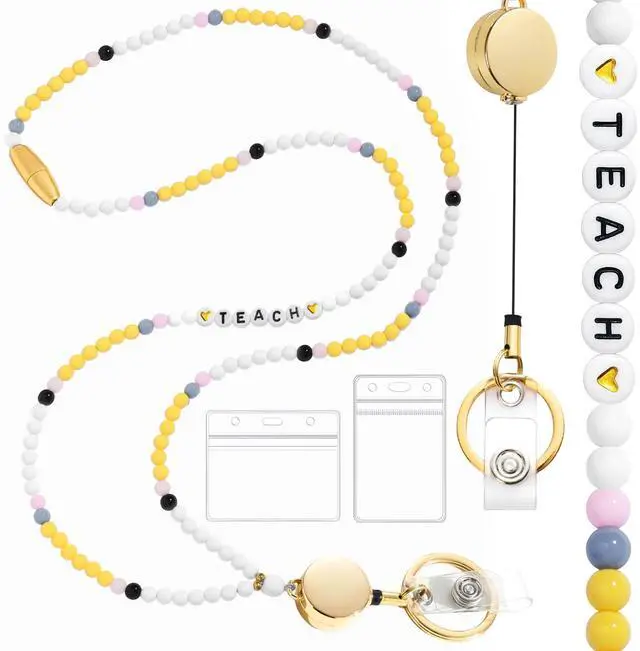Main image of Lanyards with ID Badges Holder for Teachers Keys Card - Yellow and White Women Breakaway Retractable Beaded Necklace Break Away Lanyard with Holder for Name Tag Cruise Ship