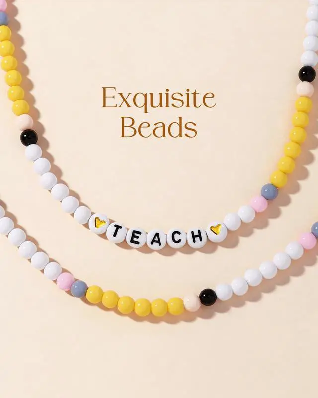 Alt view image 2 of 6 - Lanyards with ID Badges Holder for Teachers Keys Card - Yellow and White Women Breakaway Retractable Beaded Necklace Break Away Lanyard with Holder for Name Tag Cruise Ship