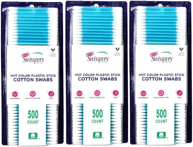 Main image of Hot Color Cotton Swabs, 100% Cotton, Color Plastic Sticks, 500 per Pack (Color May Vary) - 3 Pack