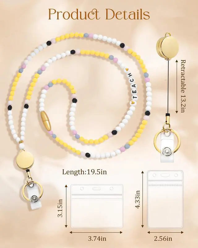 Alt view image 5 of 6 - Lanyards with ID Badges Holder for Teachers Keys Card - Yellow and White Women Breakaway Retractable Beaded Necklace Break Away Lanyard with Holder for Name Tag Cruise Ship
