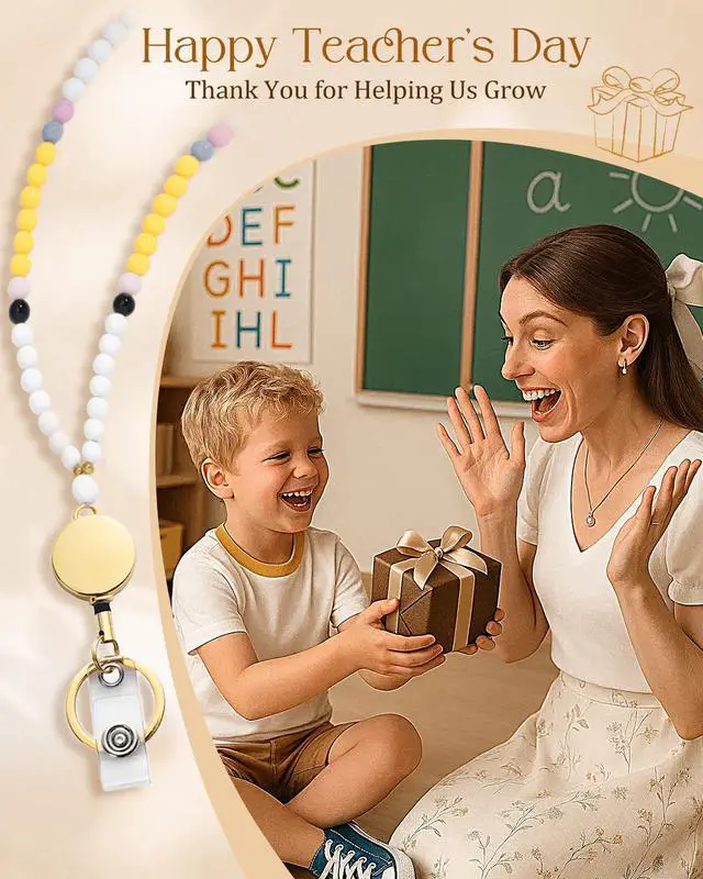 Alt view image 6 of 6 - Lanyards with ID Badges Holder for Teachers Keys Card - Yellow and White Women Breakaway Retractable Beaded Necklace Break Away Lanyard with Holder for Name Tag Cruise Ship