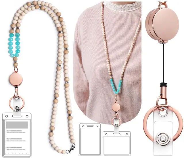 Main image of Lanyards for Id Badges for Women, Cute Teacher Lanyard with ID Holder and Retractable Badge Reel for Keys, Wooden Beaded Keychain Lanyard