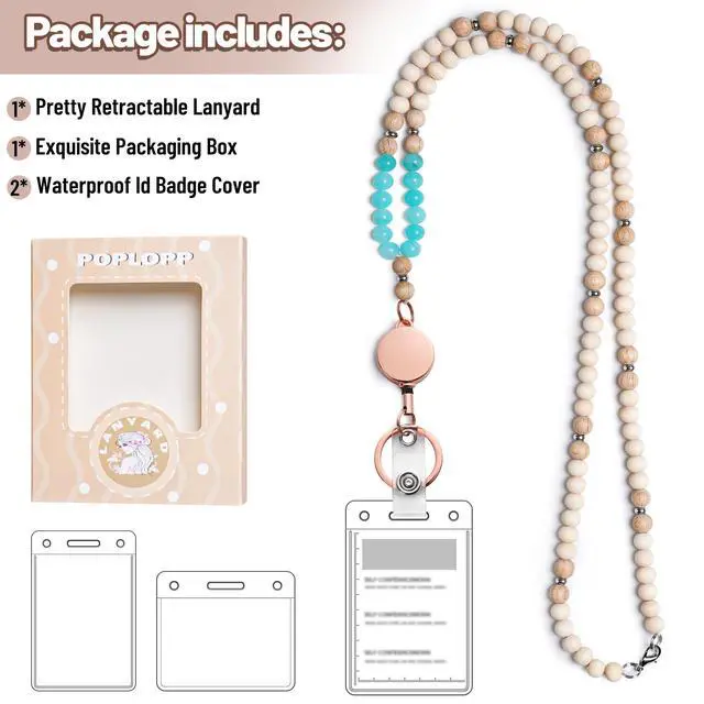 Alt view image 5 of 7 - Lanyards for Id Badges for Women, Cute Teacher Lanyard with ID Holder and Retractable Badge Reel for Keys, Wooden Beaded Keychain Lanyard