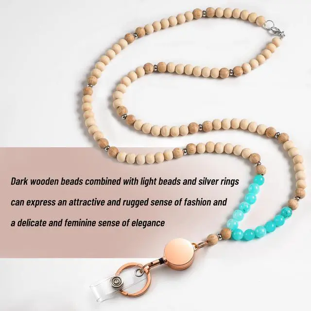 Alt view image 6 of 7 - Lanyards for Id Badges for Women, Cute Teacher Lanyard with ID Holder and Retractable Badge Reel for Keys, Wooden Beaded Keychain Lanyard