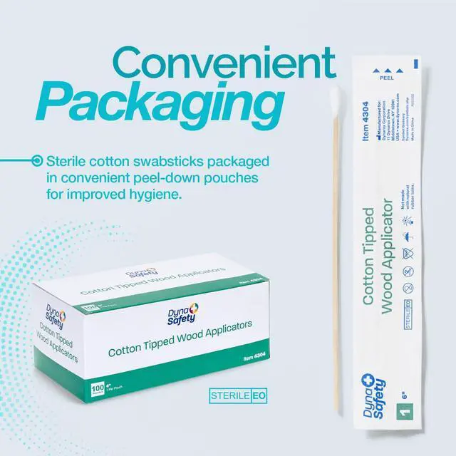 Alt view image 3 of 7 - 6-Inch Sterile Cotton Tipped Applicators - Single-Use Wooden Cotton Tip Applicators for Wound Care & Dressing, Hygiene, Makeup, Cleaning - 1 Box of 100 Pouches, 1 per Pouch