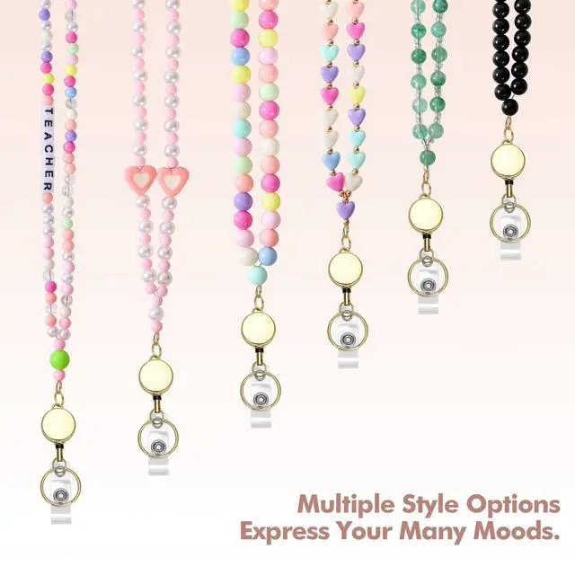 Alt view image 3 of 7 - Retractable Lanyards for ID Badges Cute Beaded Teachers Lanyard