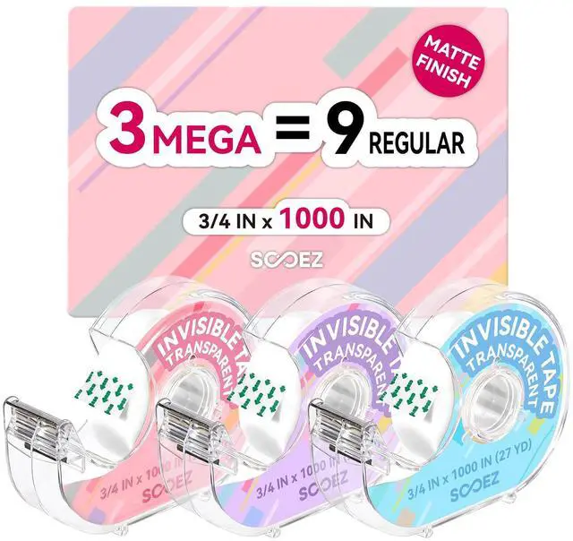 Main image of Invisible Tape for Gift Wrapping, 3 Mega Rolls = 9 Regular, 3/4x 1000, 3 Rolls with 3 Tape Dispenser Engineered for Repairing, Clear Tape for Christmas Wrapping, Paper, Office&School Supplies