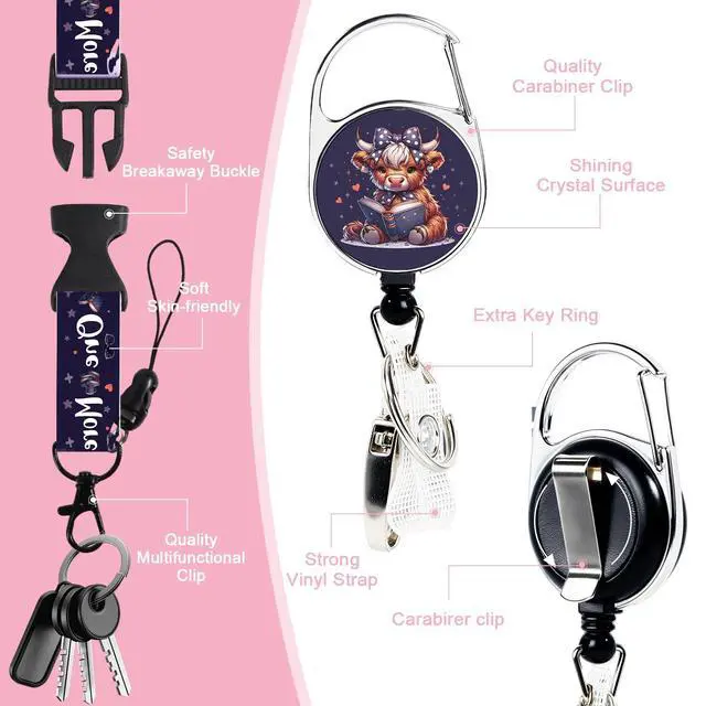 Alt view image 3 of 6 - Highland Cow Lanyards for Id Badges - Cosmisun Bow Cow ID Badge Holder with Lanyard Book Lover Badge Reel Retractable ID Holder Keychain Clip Card Protector for Students Women Teacher Office Gifts