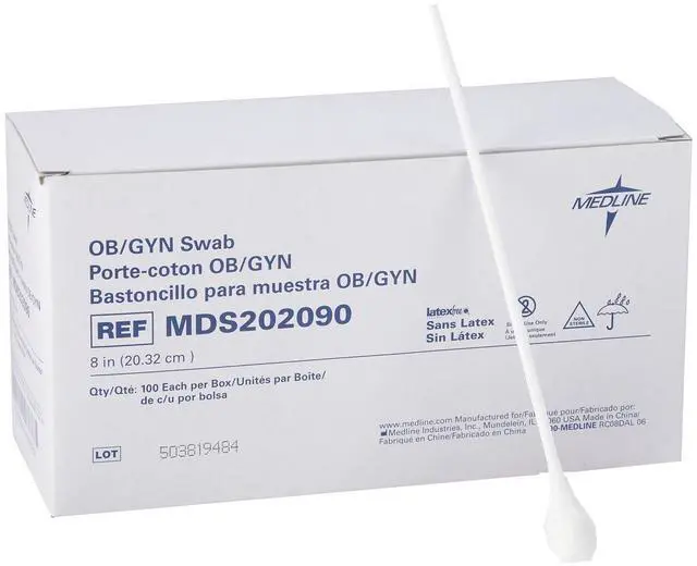 Main image of OB/GYN Non-Sterile Swabs with Rayon Tip, Plastic Shaft, 8", Ideal for Medical Examinations, Box of 100