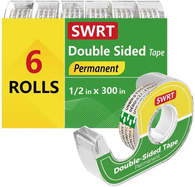 Main image of Double Sided Tape for Crafts, 6 Pack with Dispenser, 1/2 in x 300 Inches, Double Stick Tape for Gift Wrapping, Double Sided Tape Office & School Supplies