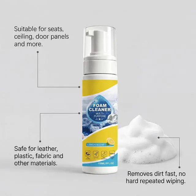 Alt view image 3 of 7 - Car Interior Cleaner Foam Kit with Sponge & Towel, Multi Purpose Foam Cleaner for Leather, Fabric, Plastic & Upholstery, Deep Cleaning Car Dashboard Seats Carpet Headliner, Lemon Fresh Scent