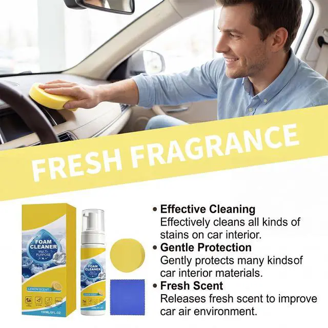 Alt view image 5 of 7 - Car Interior Cleaner Foam Kit with Sponge & Towel, Multi Purpose Foam Cleaner for Leather, Fabric, Plastic & Upholstery, Deep Cleaning Car Dashboard Seats Carpet Headliner, Lemon Fresh Scent
