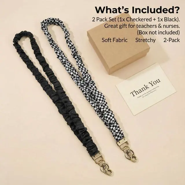 Alt view image 7 of 7 - 2 Pack Stretchy Teacher Lanyard for ID Badges, Soft Black Checkered Scrunchie Lanyards for Keys, Cute Elastic Neck Strap for Women Nurses, Comfy Fabric Badge Holder for Cruise