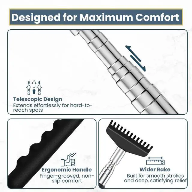 Alt view image 2 of 7 - Robust Telescoping Back Scratcher for Instant Itch Relief, Extra Wide Head, Stainless Steel Handle Reaches Anywhere, Back Scratcher for Men, Back Scratcher for Women, Extends from 8" to 27" Gift Box