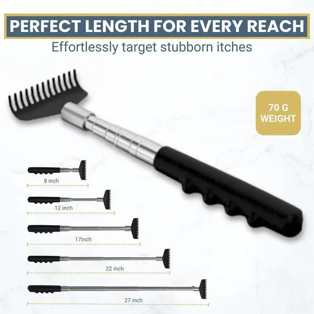 Alt view image 4 of 7 - Robust Telescoping Back Scratcher for Instant Itch Relief, Extra Wide Head, Stainless Steel Handle Reaches Anywhere, Back Scratcher for Men, Back Scratcher for Women, Extends from 8" to 27" Gift Box