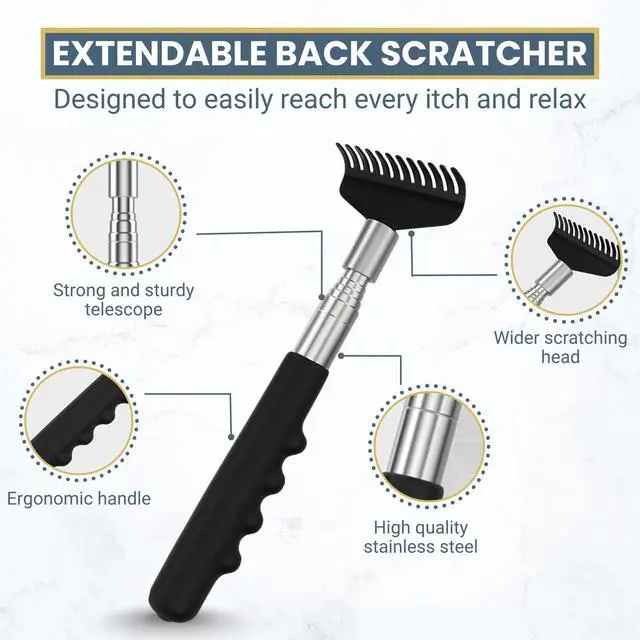 Alt view image 7 of 7 - Robust Telescoping Back Scratcher for Instant Itch Relief, Extra Wide Head, Stainless Steel Handle Reaches Anywhere, Back Scratcher for Men, Back Scratcher for Women, Extends from 8" to 27" Gift Box