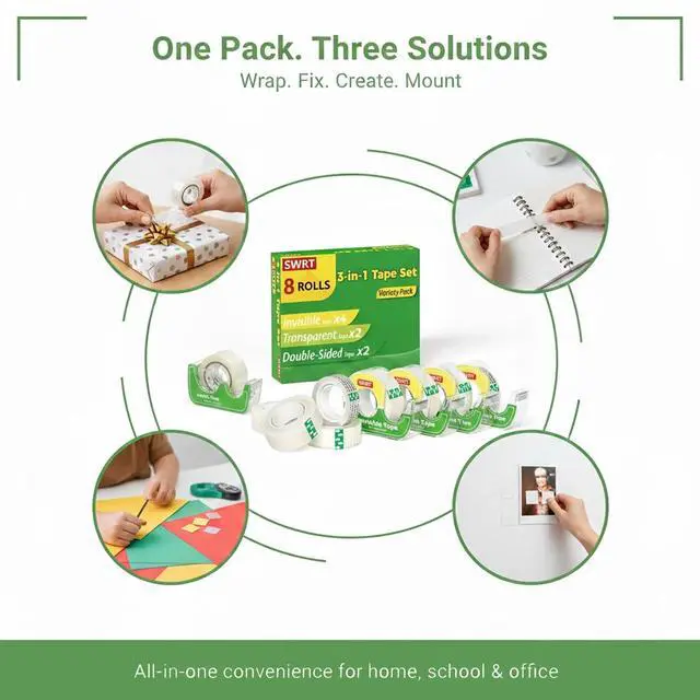 Alt view image 3 of 7 - Gift Wrapping Tape, 8 Rolls with Dispensers, 3-Type Variety Pack