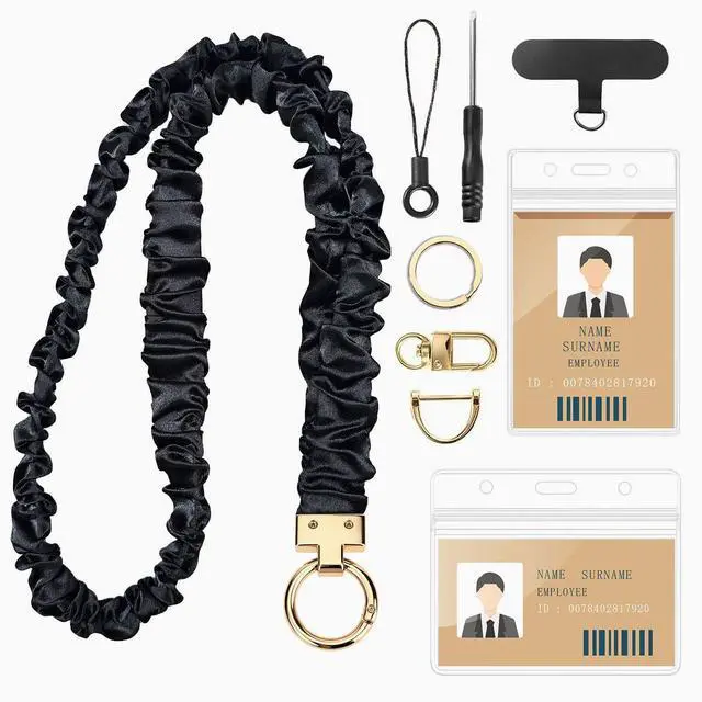 Main image of Scrunchie Lanyard for ID Badges, Retractable Teacher Lanyards Stretchy Lanyards for Keys Neck Lanyard with Keychain Holder for Women Ladies, Black