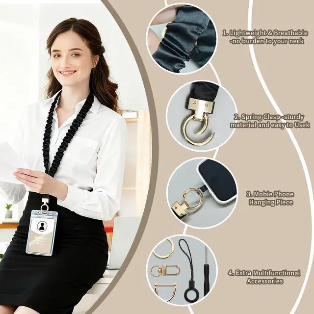 Alt view image 3 of 7 - Scrunchie Lanyard for ID Badges, Retractable Teacher Lanyards Stretchy Lanyards for Keys Neck Lanyard with Keychain Holder for Women Ladies, Black