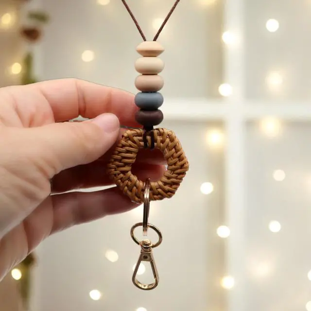 Alt view image 2 of 6 - Teacher Lanyard for Id Badge Keys Cute Silicone Beaded Lanyards for Women Boho Wood Bead Lanyard Card Holder for Student Nurse Employees (Model B)