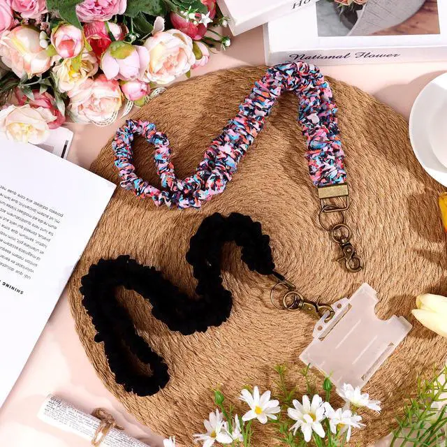 Alt view image 4 of 7 - 2 Pack Scrunchie Lanyards for ID Card and Keys Scrunchy Cute Neck Keychain With Clip Closure Retractable Breakaway scrunchie Lanyard Stretchy Lanyards for Teachers, Nurse Cruise Ship, 2 Styles