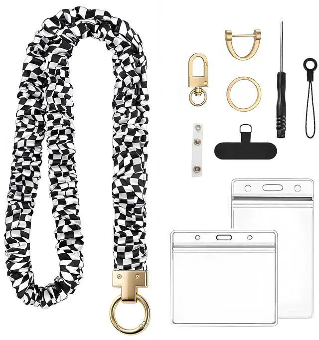 Main image of Stretchy Scrunchie Lanyard for Teachers with ID Holders Soft Elastic Badge Lanyard Set with Phone Strap & Key Ring, Comfortable All-Day Wear (Grid Style)