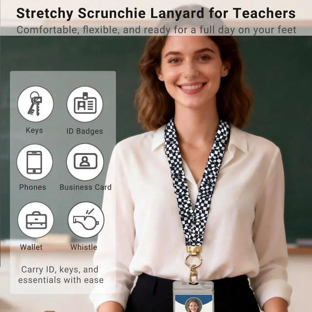 Alt view image 2 of 7 - Stretchy Scrunchie Lanyard for Teachers with ID Holders Soft Elastic Badge Lanyard Set with Phone Strap & Key Ring, Comfortable All-Day Wear (Grid Style)
